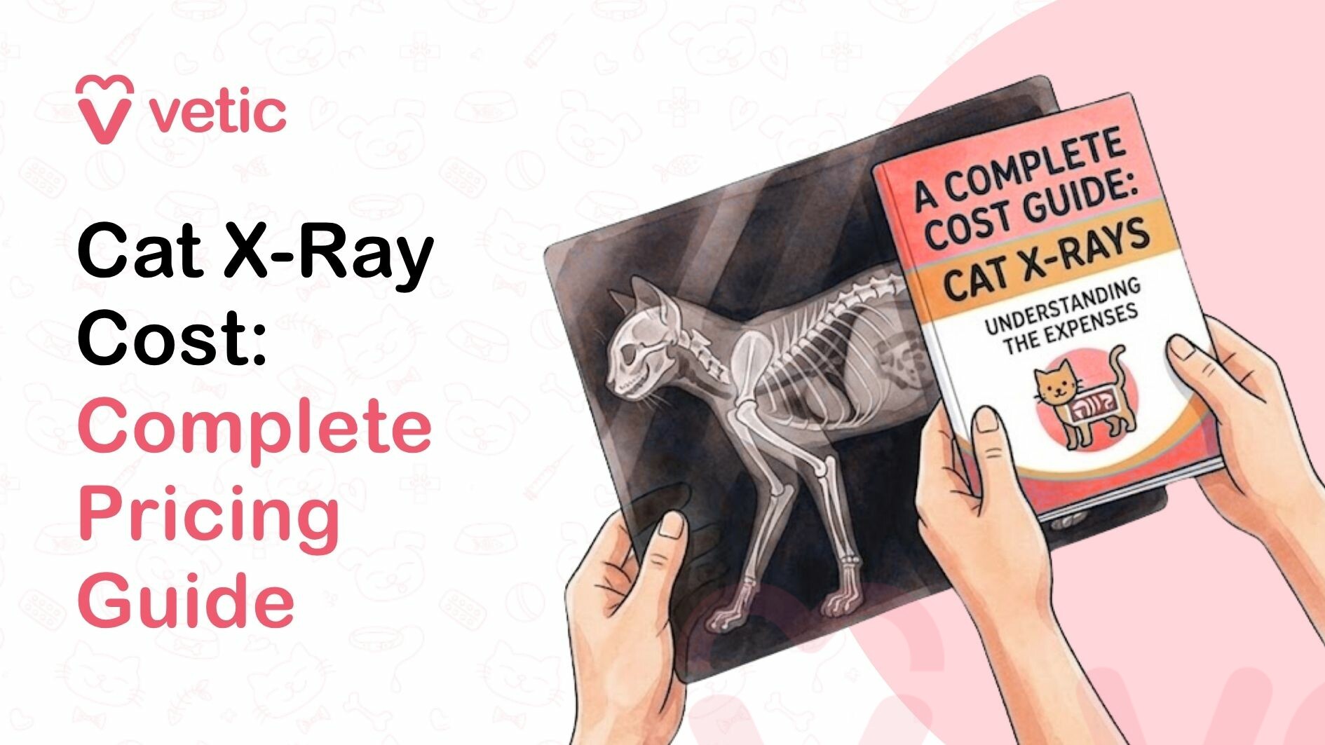 A horizontal digital illustration featuring promotional content for a feline veterinary guide. On the left side, against a pale pink background subtly patterned with faint line-art icons of cat faces, yarn balls, and paw prints, large bold text reads "Cat X-Ray Cost: Complete Pricing Guide." The word "Cost" is in black, while "Complete Pricing Guide" is in a vibrant coral-pink. In the top left corner, the "vetic" logo is visible, consisting of a stylized red heart-shaped stethoscope icon next to the brand name in lowercase gray font. In the center and right foreground, two hands hold up a dark, translucent X-ray film showing the skeletal structure of a cat in profile. The X-ray reveals the cat’s skull, spine, ribcage, and front legs in white against the dark film. Partially overlapping the X-ray on the right is a physical booklet or digital tablet displaying a book cover titled "A COMPLETE COST GUIDE: CAT X-RAYS" with the subtitle "UNDERSTANDING THE EXPENSES." The cover features a small, cute cartoon illustration of a ginger cat with a rectangular box over its midsection showing a simplified skeletal interior. The background behind the hands and objects is a large, soft coral-pink circle, creating a focal point that separates the foreground elements from the patterned backdrop.
