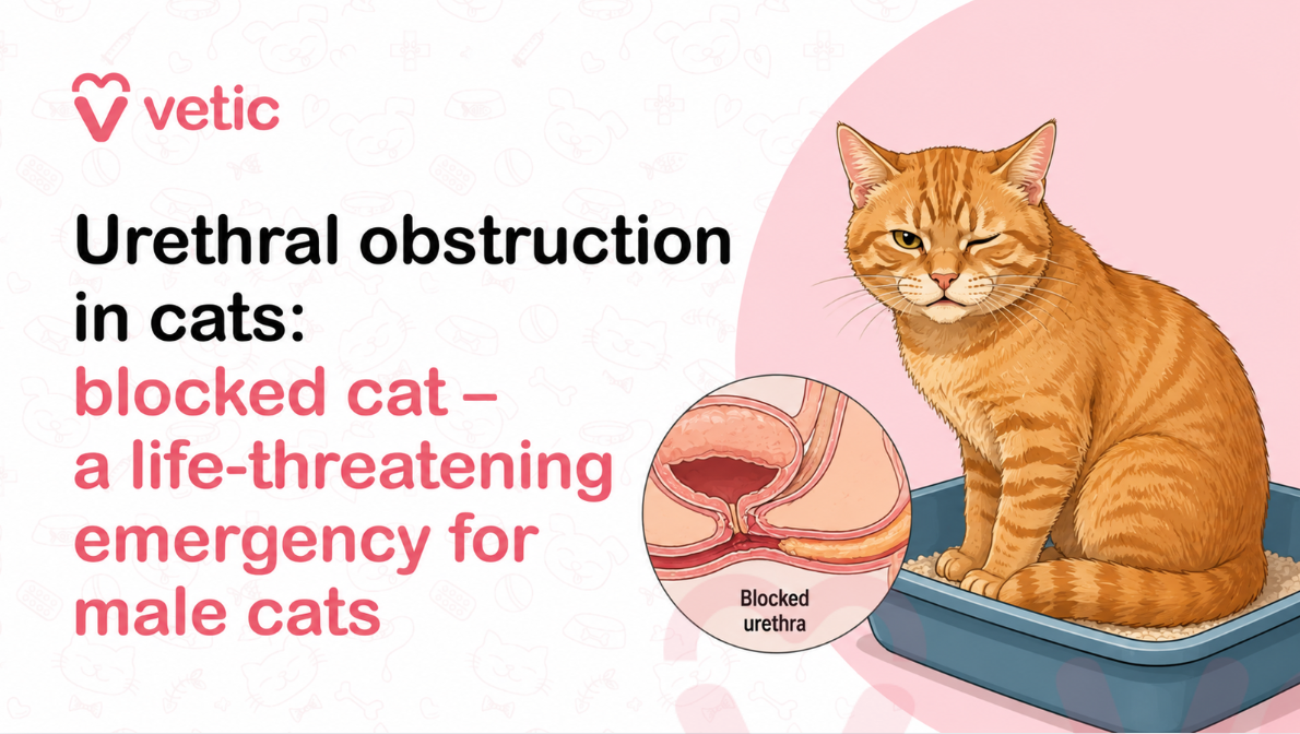 Veterinary educational infographic by Vetic explaining urethral obstruction in cats, commonly known as a blocked cat, which is presented as a life-threatening emergency for male cats. The infographic features a large illustrated orange tabby cat sitting inside a litter box with a distressed facial expression, symbolizing discomfort and urinary difficulty associated with feline urethral blockage. The educational design uses soft pink, white, and pastel veterinary-themed colors combined with anatomical illustrations and emergency messaging to raise awareness about urinary obstruction in cats and the urgent need for immediate veterinary care. Large bold text on the left side of the image reads “Urethral obstruction in cats: blocked cat – a life-threatening emergency for male cats,” clearly emphasizing the seriousness of the medical condition and its emergency nature. The Vetic logo is prominently displayed in the upper-left corner, reinforcing the veterinary healthcare branding and professional educational context. The infographic is designed in a clean, modern veterinary awareness style commonly used for pet healthcare campaigns, educational blog articles, social media awareness posts, and veterinary clinic informational resources. On the right side of the infographic, the orange tabby cat appears seated in a litter tray while displaying visible signs of discomfort and strain. The cat’s narrowed eyes and tense posture visually communicate pain, stress, and difficulty urinating, which are common symptoms associated with feline urethral obstruction. The litter box setting helps pet owners immediately associate the condition with urination problems and abnormal litter box behavior in cats. The illustration is specifically targeted toward educating cat parents about urinary emergencies that frequently affect male cats due to their narrower urethral anatomy. Near the center-bottom of the image, a circular medical illustration provides a close-up anatomical cross-sectional view of a blocked urethra. The diagram visually demonstrates obstruction within the urethral passage, showing how urinary flow becomes restricted or completely blocked. The medical illustration uses soft shades of pink, red, and beige to represent internal urinary tract anatomy, while the blockage itself is highlighted to help viewers understand how urethral obstruction prevents normal urination. The label “Blocked urethra” clearly identifies the anatomical problem being illustrated, simplifying a complex veterinary emergency into an easy-to-understand visual explanation for pet owners. In the upper-right section of the image, a veterinary emergency alert symbol appears with the message “Emergency: Act fast, save a life.” This urgent callout reinforces the life-threatening nature of feline urethral obstruction and emphasizes the importance of seeking immediate veterinary treatment. The emergency warning highlights that delayed treatment can rapidly lead to severe complications such as bladder rupture, kidney failure, electrolyte imbalances, shock, and even death if not addressed quickly by veterinary professionals. The infographic background contains subtle veterinary-themed and pet-themed icon patterns, including pet faces, bowls, collars, veterinary crosses, bones, syringes, and other animal care symbols. These soft background illustrations reinforce the veterinary medicine and pet healthcare context while maintaining a clean and approachable educational design. The overall composition balances medical accuracy with pet-friendly visuals, making the content accessible to cat owners without appearing overly clinical or intimidating. This veterinary educational graphic is intended to help pet parents recognize the warning signs of urinary blockage in cats, especially male cats who are at significantly higher risk of urethral obstruction. Symptoms commonly associated with feline urethral blockage include repeated unsuccessful attempts to urinate, straining in the litter box, crying while urinating, blood in urine, lethargy, vomiting, hiding behavior, loss of appetite, and urinary accidents outside the litter tray. By visually illustrating both the affected cat and the anatomical blockage, the infographic supports early recognition and faster veterinary intervention, which are critical for improving survival outcomes. The image may be used in veterinary blogs, pet healthcare awareness campaigns, feline emergency care articles, veterinary social media education posts, urinary disease awareness content, cat wellness resources, and online informational materials related to feline lower urinary tract disease and urinary obstruction emergencies. SEO-related keywords associated with the image include urethral obstruction in cats, blocked cat emergency, feline urinary blockage, male cat urinary emergency, blocked urethra in cats, cat urinary tract blockage, emergency veterinary care for cats, feline lower urinary tract disease, cat unable to urinate, urinary obstruction infographic, veterinary emergency infographic, cat litter box problems, male cat urinary issues, feline bladder blockage, pet healthcare education, veterinary medical illustration, and emergency symptoms in cats.