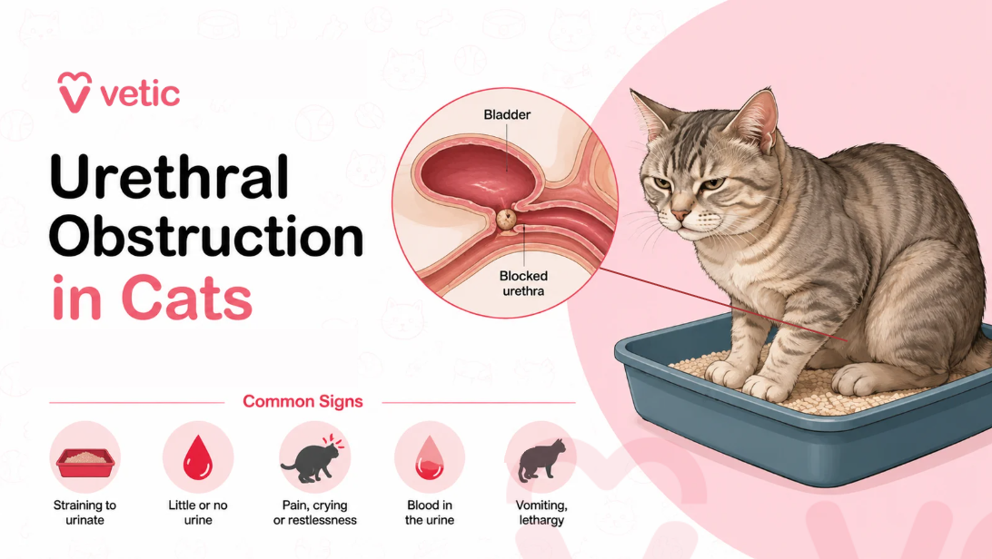 Alt Text: Veterinary educational infographic by Vetic explaining urethral obstruction in cats, a serious and potentially life-threatening urinary emergency that commonly affects male cats. The infographic features a grey tabby cat sitting in a litter box while displaying signs of discomfort and urinary difficulty, alongside a detailed anatomical illustration showing a blocked urethra and urinary tract obstruction. Designed using Vetic’s signature pink and white color palette, the educational graphic aims to help cat owners recognize the warning signs of urethral blockage and understand the importance of seeking immediate veterinary care. The Vetic logo is prominently displayed in the top-left corner, reinforcing the professional veterinary healthcare branding and educational purpose of the content. Large bold text on the left side of the infographic reads “Urethral Obstruction in Cats,” immediately identifying the medical condition being discussed. The clean and modern layout combines pet-focused illustrations with medical diagrams to simplify a complex veterinary emergency for pet parents and caregivers. On the right side of the image, a realistic grey tabby cat is shown sitting inside a litter tray filled with cat litter. The cat’s facial expression and body posture suggest discomfort, straining, and distress, which are common signs associated with urinary blockage in cats. The litter box setting is intentionally used to help pet owners associate changes in urination habits and litter box behavior with potential urinary tract emergencies. The illustration highlights how affected cats may repeatedly visit the litter tray but struggle to pass urine due to an obstruction in the urethra. Above the cat is a circular anatomical medical illustration showing a cross-sectional view of the feline urinary system. The diagram clearly labels the bladder and the blocked urethra, visually demonstrating how a physical obstruction prevents urine from leaving the body. The blockage appears as a small stone-like plug lodged within the urethral passage, restricting normal urine flow. This medical illustration helps explain the underlying cause of urethral obstruction and provides pet owners with a better understanding of how the condition develops and why it becomes a veterinary emergency. A line connects the anatomical illustration to the cat, reinforcing the relationship between the visible symptoms and the internal urinary tract problem. The educational design makes it easier for viewers to understand how urinary obstruction causes pain, bladder pressure, and life-threatening complications if left untreated. Along the bottom section of the infographic, a series of icons highlights the most common clinical signs associated with urethral obstruction in cats. These symptoms include straining to urinate, little or no urine production, pain, crying or restlessness, blood in the urine, vomiting, and lethargy. Each symptom is represented through a simple visual icon and brief description, making the information easy to understand and remember. This section serves as a quick-reference guide for cat owners who may be concerned about abnormal urinary behavior in their pets. The infographic emphasizes the importance of early recognition because urethral obstruction can rapidly progress into a life-threatening condition. When urine is unable to leave the body, toxins accumulate in the bloodstream and dangerous electrolyte imbalances can develop. Without prompt veterinary treatment, affected cats may experience severe bladder distension, kidney damage, shock, cardiovascular complications, and death. By educating pet owners about common symptoms and warning signs, the graphic encourages faster decision-making and emergency veterinary consultation. The background contains subtle pet-themed and veterinary-themed iconography, including cat faces, pet bowls, veterinary crosses, collars, toys, and animal care symbols. These soft design elements maintain a friendly and approachable appearance while reinforcing the veterinary healthcare theme. The overall visual presentation balances medical accuracy with pet-friendly communication, making the information accessible to both new and experienced cat owners. This veterinary educational image is ideal for pet health awareness campaigns, veterinary clinic websites, cat healthcare blogs, social media educational posts, emergency pet care resources, feline urinary health articles, and online veterinary informational content. It is specifically designed to increase awareness about feline urethral obstruction, urinary blockage emergencies, and the importance of immediate treatment. Relevant SEO keywords associated with the image include urethral obstruction in cats, blocked cat syndrome, feline urinary blockage, male cat urinary emergency, cat unable to urinate, blocked urethra in cats, feline lower urinary tract disease, urinary tract obstruction in cats, emergency veterinary care for cats, cat urinary problems, blood in cat urine, straining to urinate cat, veterinary infographic, feline urinary health, blocked bladder in cats, urinary emergency symptoms in cats, pet healthcare education, veterinary medical illustration, and cat litter box warning signs.